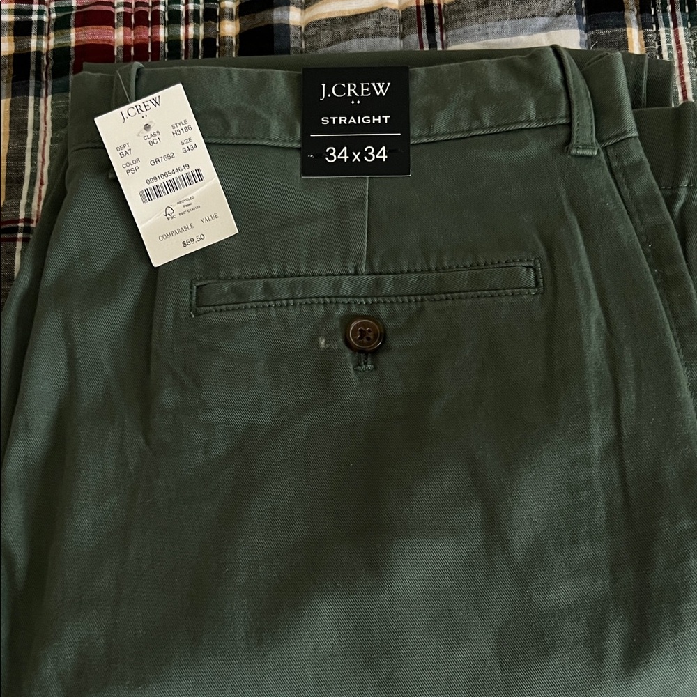 J. Crew Men's Olive Chinos. Straight leg with flex. 34x34. NWT